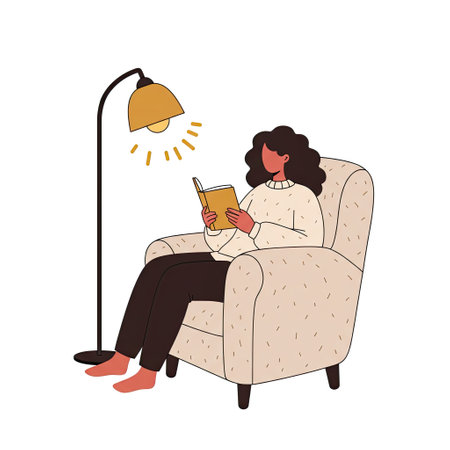 Woman sitting in armchair and reading a book. Flat vector illustration.のイラスト素材