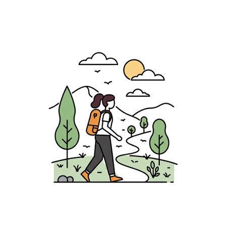 Vector illustration of a woman with a backpack hiking in the mountains.のイラスト素材