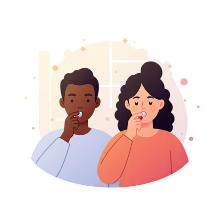 Young man and woman brushing their teeth together, cartoon vector illustration.のイラスト素材