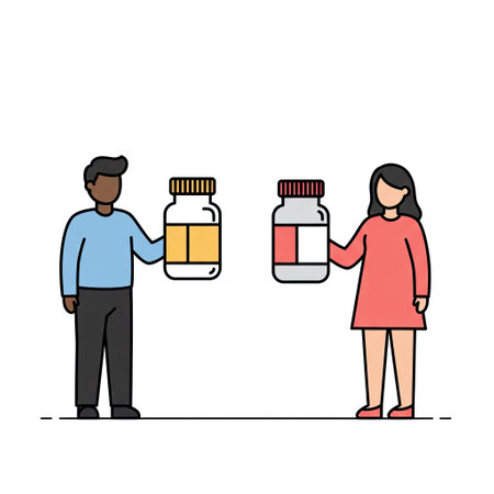 Man and woman with bottles of medicine. Vector illustration in flat styleのイラスト素材