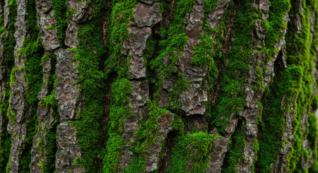 Green moss on the bark of an old tree. Natural background.