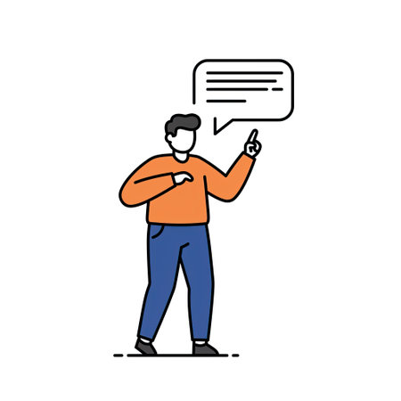 Vector illustration of a man holding a speech bubble. Flat line style design.のイラスト素材