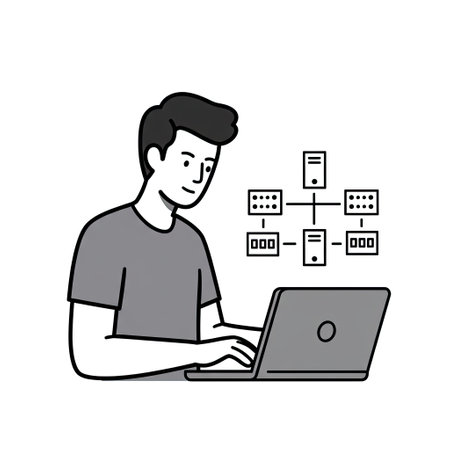 Man working on laptop computer. Vector illustration in line art style.のイラスト素材