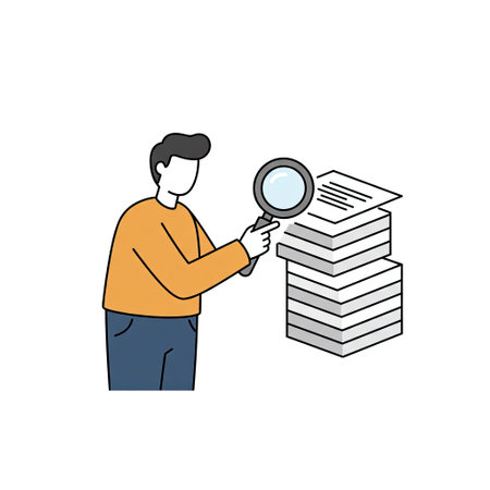Man looking through a magnifying glass at a pile of paper documents. Vector illustration.のイラスト素材