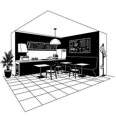 Restaurant, cafe interior. Black and white vector illustration.のイラスト素材
