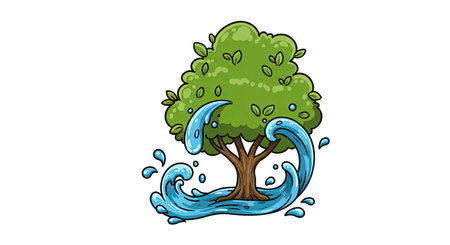 Illustration of a Tree Surrounded by Water Splashes on a White Backgroundのイラスト素材