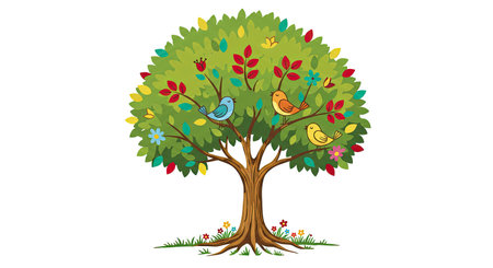 tree with birds and flowers isolated on white background. vector illustration.のイラスト素材