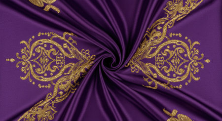 Luxury purple satin fabric with golden pattern, closeup