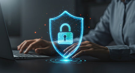 Cyber security and information protection concept. Padlock icon on computer screen