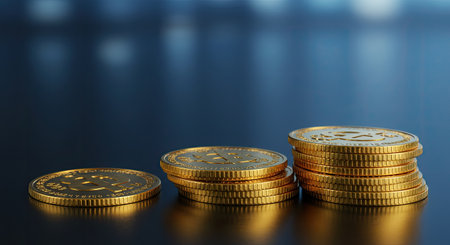 Golden coins on a dark blue background. 3d render illustration.の写真素材