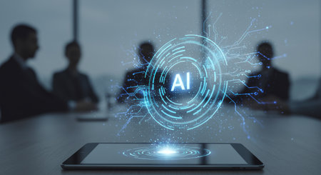 Tablet with abstract artificial intelligence hologram on blurry background. AI and machine learning...