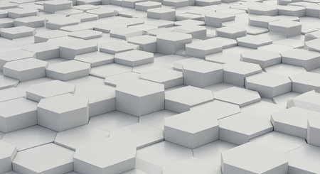 Abstract 3d rendering of chaotic white hexagons in empty space.