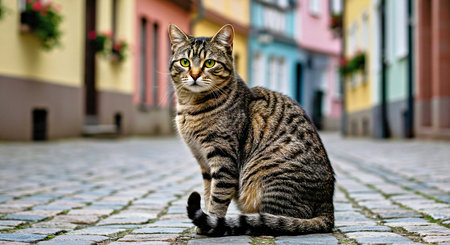 tabby cat sitting on the cobblestone street and looking at the cameraの写真素材