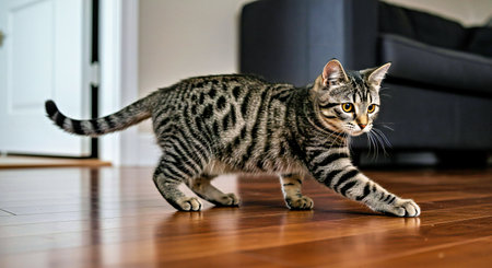 Cute tabby cat walking on the floor in the living roomの写真素材