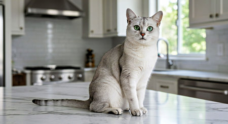 Beautiful cat with green eyes sitting in the kitchen at home.の写真素材