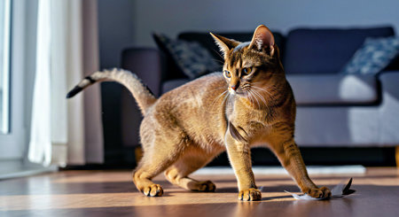 Beautiful Abyssinian cat is playing with toilet paper at home.の写真素材