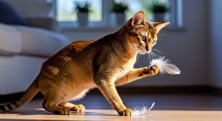 Beautiful Abyssinian cat playing with feather on the floor at homeの写真素材