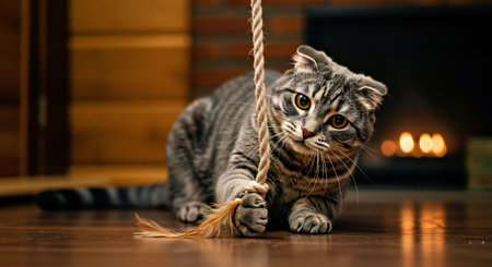 Cute tabby cat playing with a rope near the fireplace.