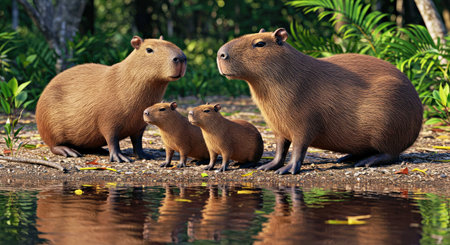 Capybara (Hydrochoerus hydrochaeris) familyの写真素材