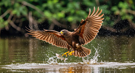 Juvenile Black Kite flying over the waterの写真素材