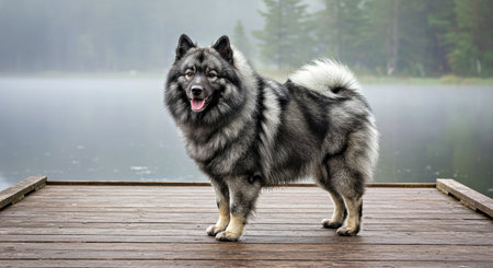 Dog standing on wooden pier with fog in background