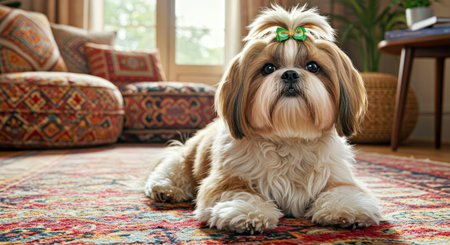 Shih tzu dog lying on the carpet in the living roomの写真素材