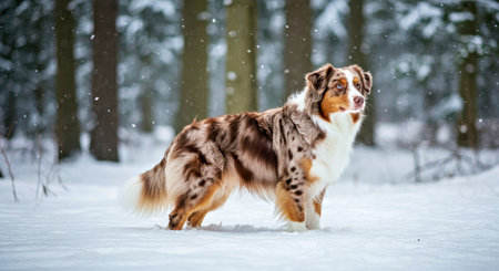 Australian shepherd dog in winter forest. Beautiful australian shepherd puppy in snowy forest.