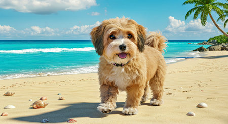 Cute Shih Tzu dog on a tropical beach in Okinawa
