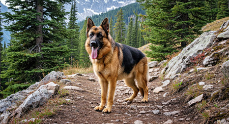 Dog german shepherd on a trail in the Dolomites mountainsの写真素材