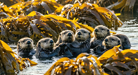 Group of sea otters swimming in the sea with yellow seaweedの写真素材