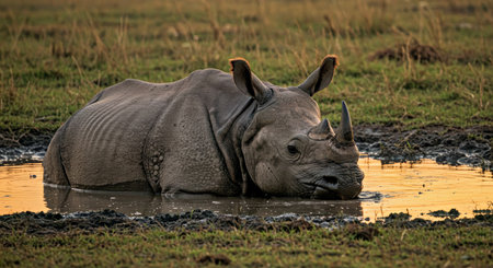 Black rhinoceros (Ceratotherium simum) at a waterholeの写真素材