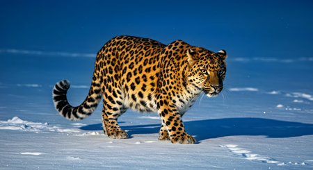 Leopard in the snow. Panthera onca. Russia.