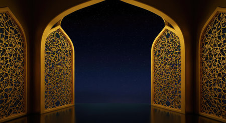 3d rendering of mosque door at night with starry sky backgroundの写真素材