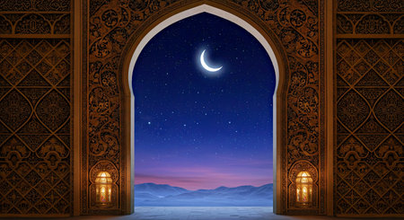 Ramadan Kareem background with mosque door and moon, 3D renderingの写真素材