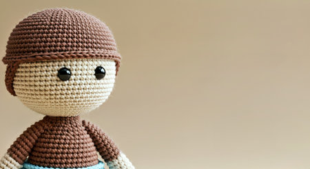Knitted crochet doll on a beige background with copy space.
