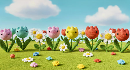 Cute handmade crocheted tulips and flowers on green grassの写真素材