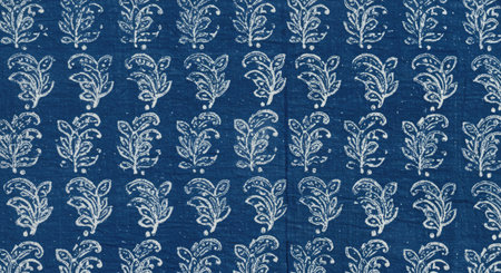 Seamless indigo blue floral pattern print on cotton textile backgroundの写真素材