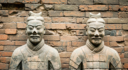 Ancient Chinese warrior statues on the brick wall background. Toned.の写真素材
