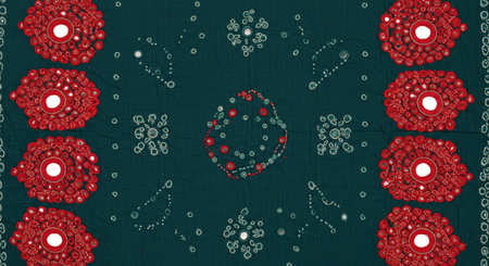 Seamless pattern with red flowers on a dark green background.の写真素材