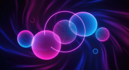 Glowing neon shiny transparent circles with light effects, vector abstract background