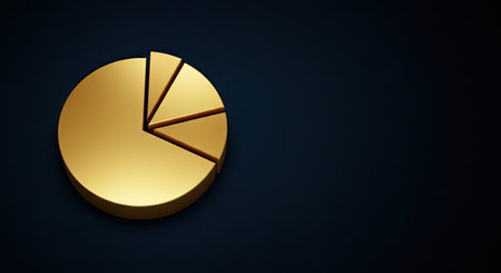 3d rendering of a golden pie chart on a dark background.の写真素材