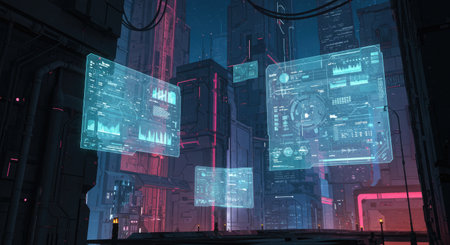 Futuristic hologram screens against city at night 3D renderingの写真素材
