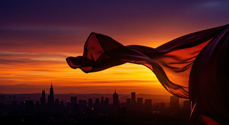 Cityscape of Kuala Lumpur at sunset with red cloth blowing in the windの写真素材
