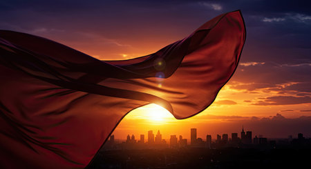 Bangkok city skyline silhouette with red cloth fabric at sunsetの写真素材