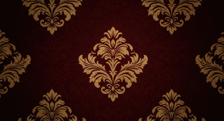 Damask seamless pattern. Vector illustration. Dark red background with gold ornamentsの写真素材