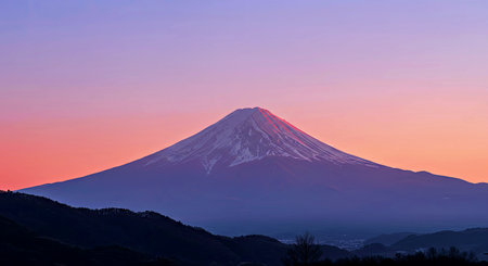 Mt. Fuji at sunrise, Japan. Mt. Fuji is the highest mountain in Japan.の写真素材