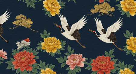 Seamless pattern with cranes and peony flowers. Textile rapport.