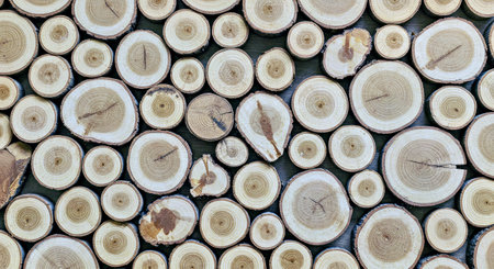 Pile of sawn wood logs for background or texture, top viewの写真素材