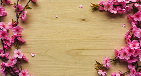 cherry blossom on wood background with space for text, top viewの写真素材