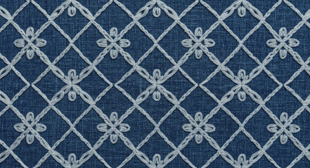Close up detail of blue fabric texture background with white lace pattern.